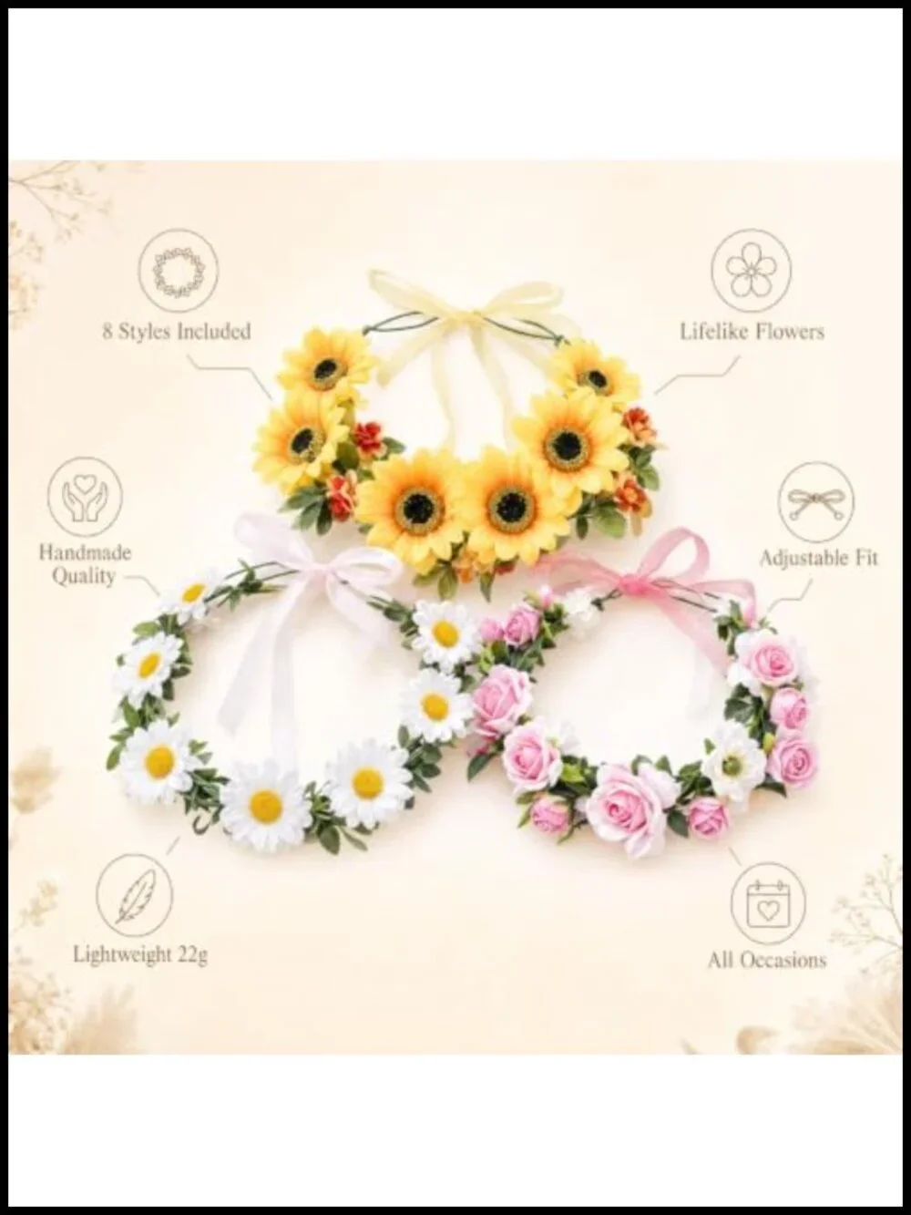 Boho Flower Crowns 8 Pack Floral Wreath Ribbon Halo Headbands Wedding Bridal